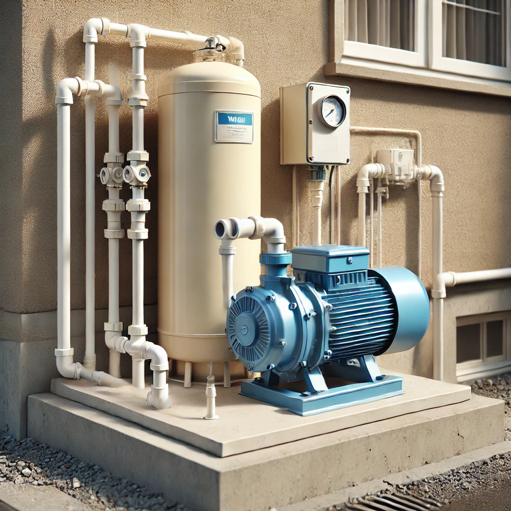 Well Pump Installation Well Pump Installation Haywood County DALL·E 2024 10 17 16.09.25 A photorealistic image of a modern water well pump system similar to residential setups. It features a basic electric motor driven pump with a blue ho Connor Well & Pump modern water well pump system