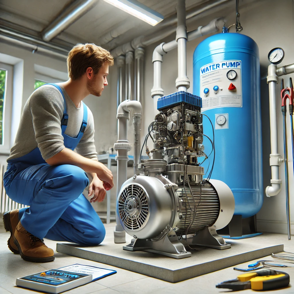 Well Pump Repair & Service Well Pump Repair Haywood County DALL·E 2024 10 17 16.38.17 A photorealistic image of a residential water pump system experiencing common issues. The pump is connected to a blue pressurized tank with PVC pipes Connor Well & Pump residential water pump system