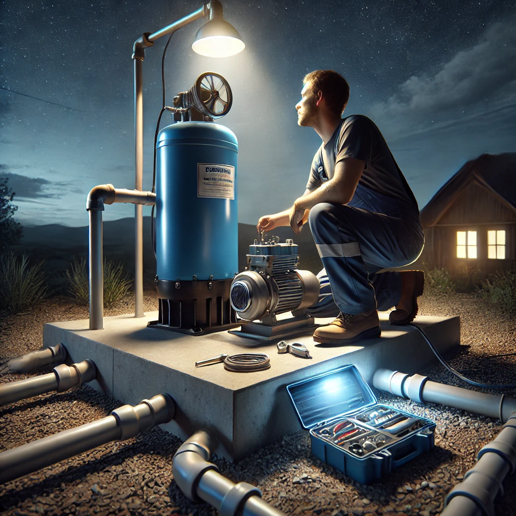 Well Pump Repair & Service Well Pump Repair Haywood County DALL·E 2024 10 17 16.39.27 A photorealistic image of a technician performing an emergency repair on a residential well water pump system during the night. The scene is lit by a Connor Well & Pump emergency repair on a residential well water pump