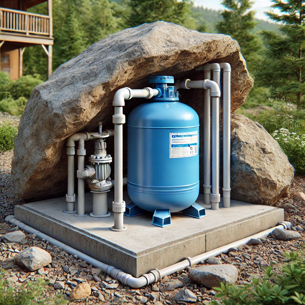 Well Pump Repair & Service Well Pump Repair Haywood County DALL·E 2024 10 17 16.42.12 A photorealistic image of a residential well water pump system placed outdoors under a rock covering. The blue pressurized tank is connected with mini Connor Well & Pump residential well water pump system